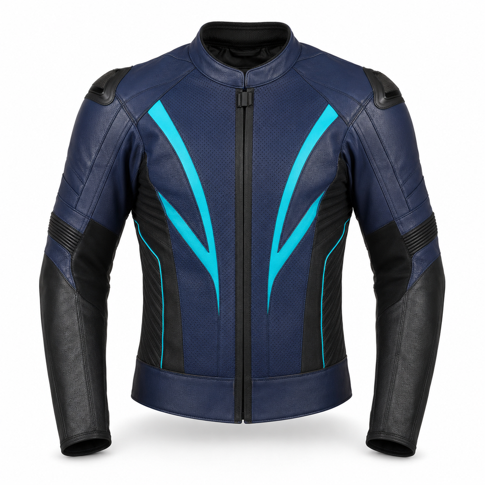 OceanBlade R original navy leather racing jacket front view