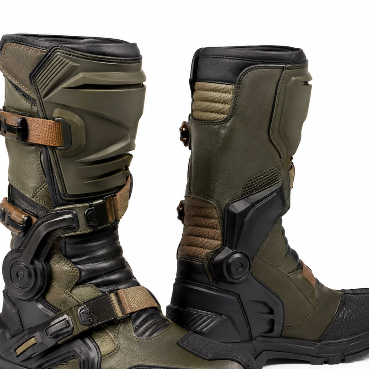 Olive Havoc Racing Motorcycle Boots – shin closure detail – Olive Green / Black / Tan