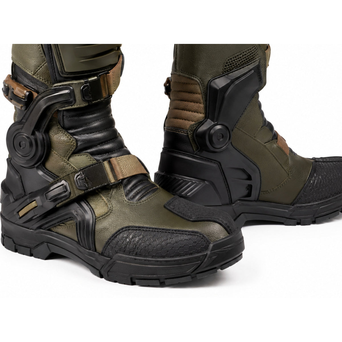 Olive Havoc Racing Motorcycle Boots – toe ankle sole detail – Olive Green / Black / Tan