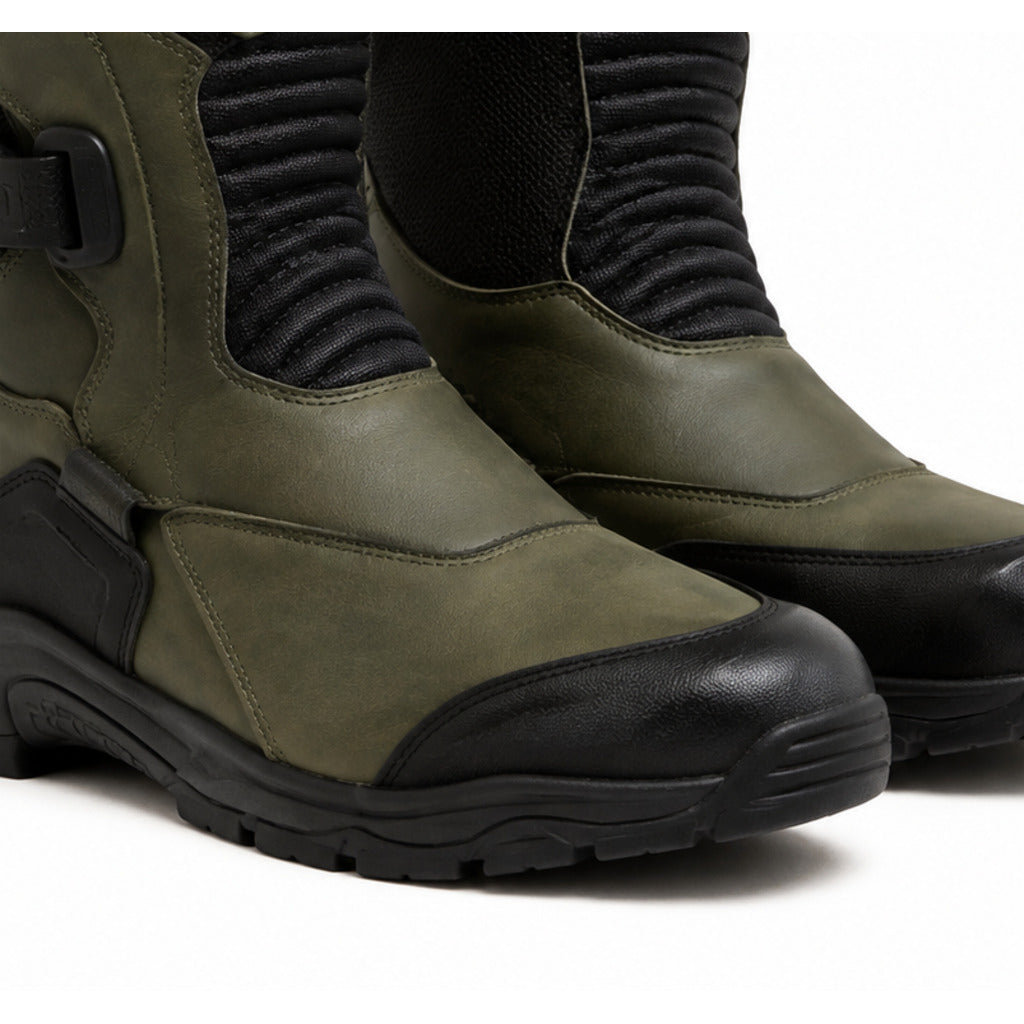 OliveHorizon touring motorcycle boots toe heel and touring sole detail