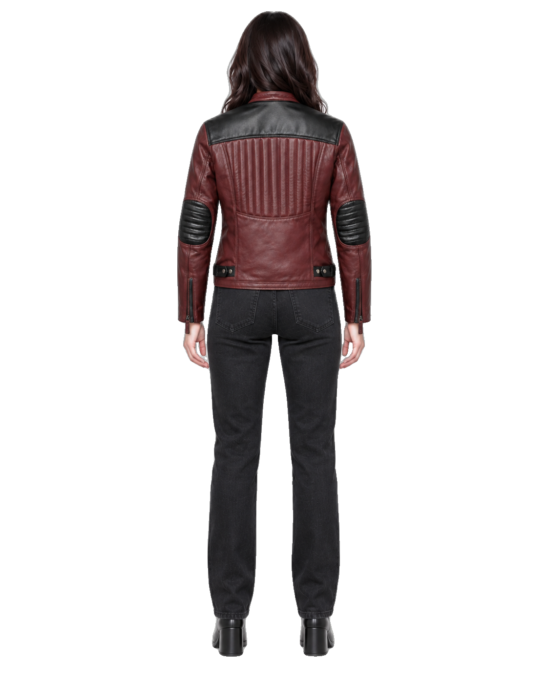 Olive Passage Women's Leather Cruiser Jacket back view on female model with transparent background