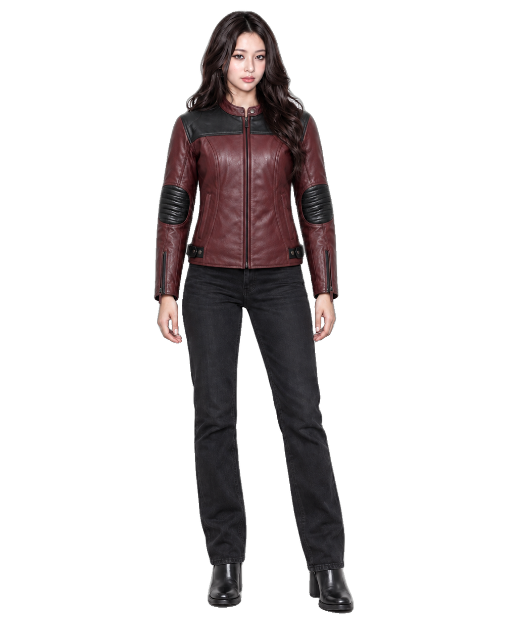 Olive Passage Women's Leather Cruiser Jacket front view on female model with transparent background