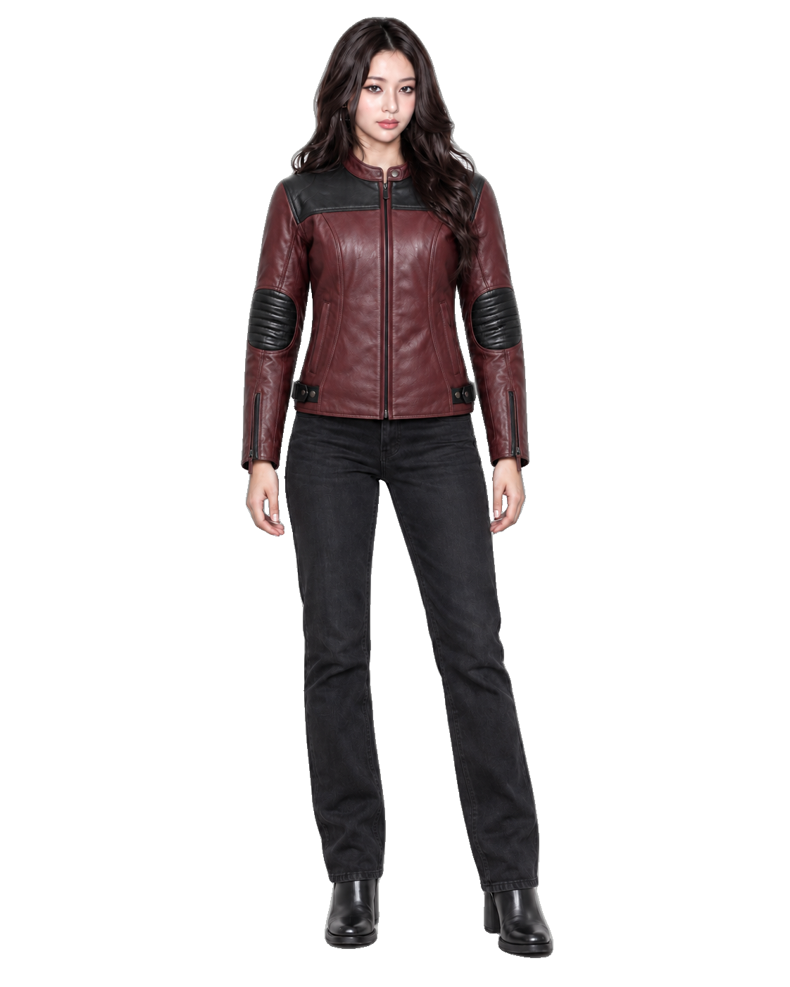 Olive Passage Women's Leather Cruiser Jacket front view on female model with transparent background