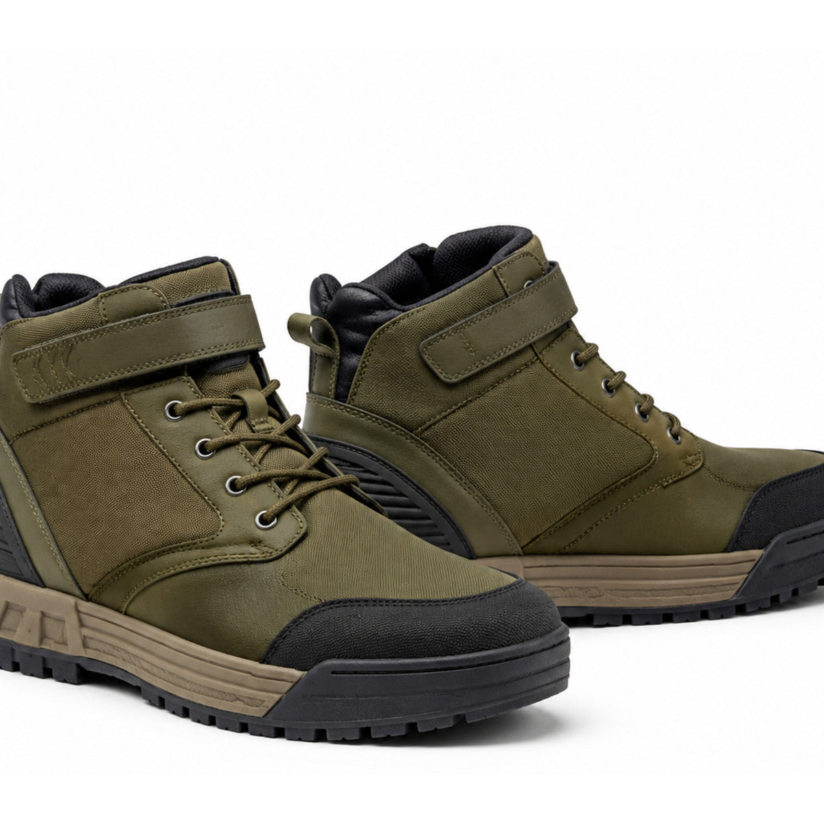 Olive Transit Chukka Motorcycle Riding Shoes – upper closure detail in Olive Green / Taupe / Black