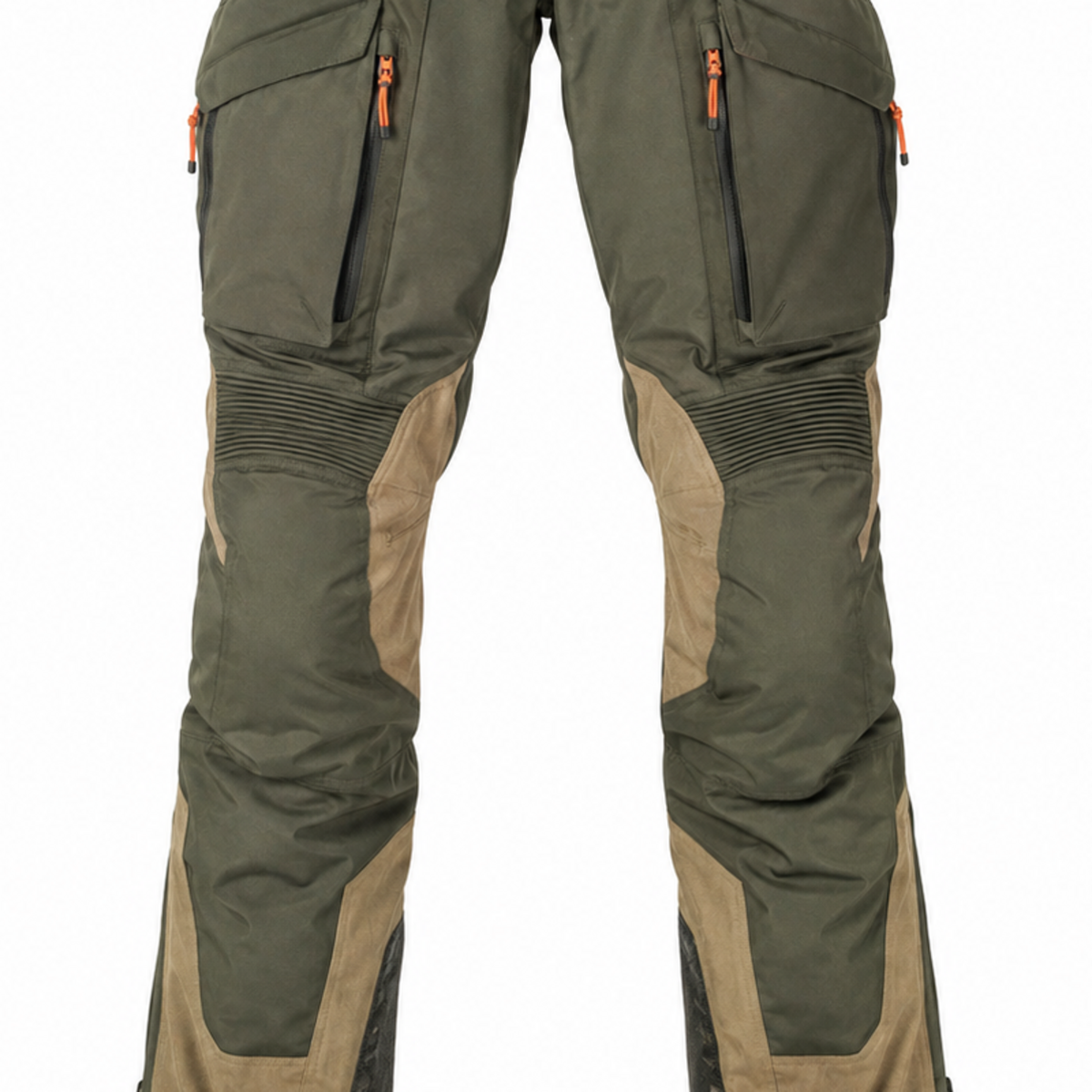 OliveExpedition olive sand waterproof textile motorcycle pants — knee, lower-leg and cuff detail