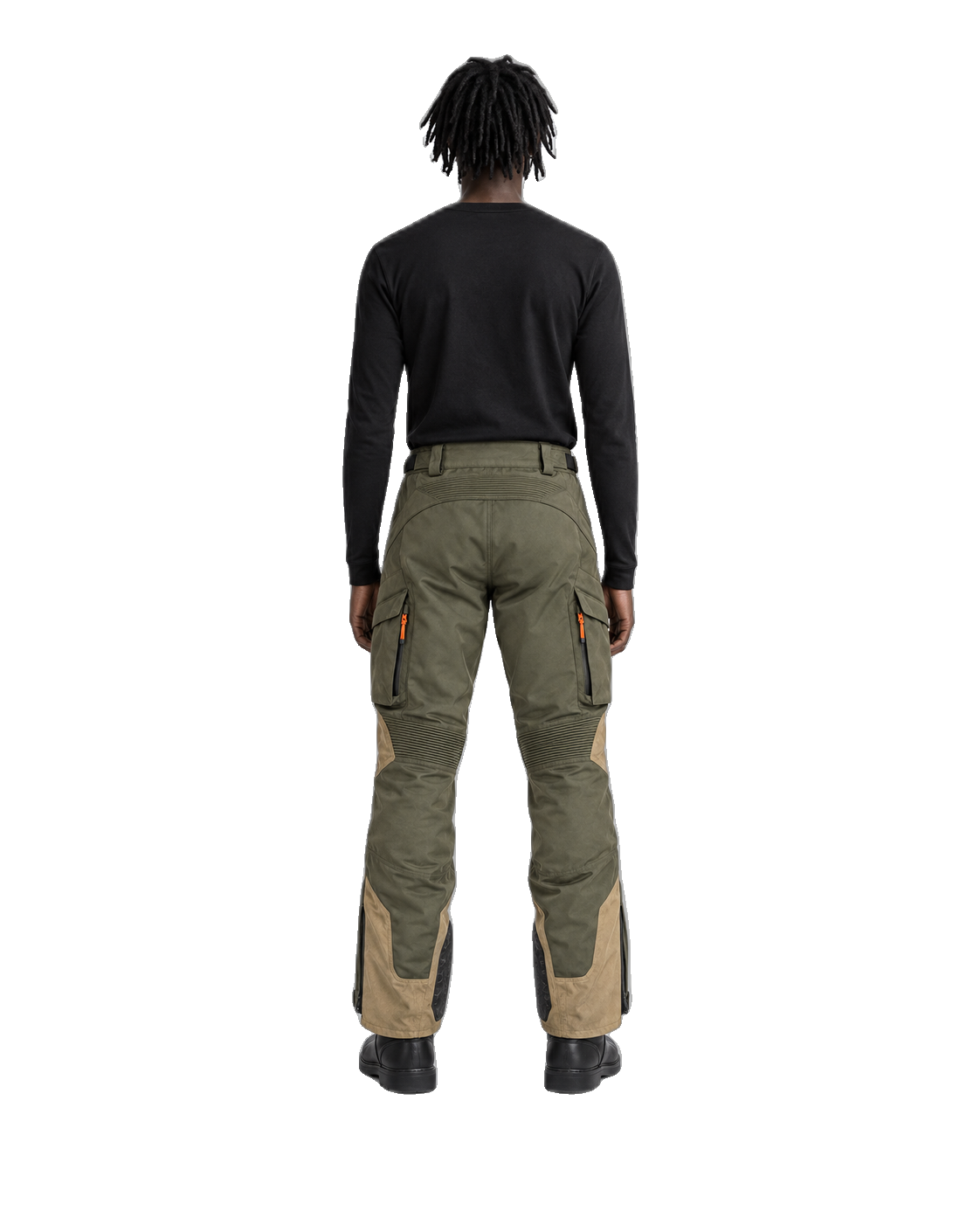OliveExpedition Olive Sand Waterproof Textile Motorcycle Pants back view on male model on transparent background