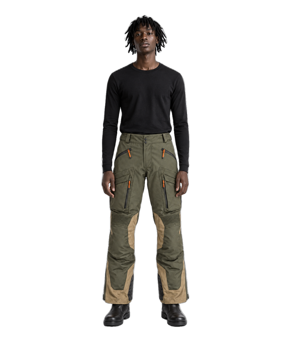 OliveExpedition Olive Sand Waterproof Textile Motorcycle Pants front view on male model on transparent background