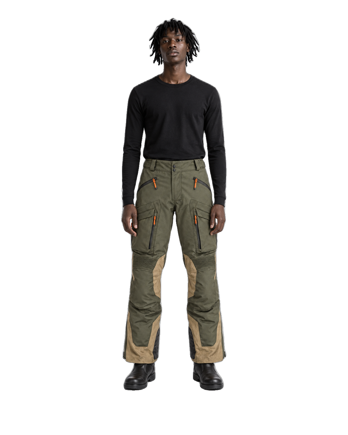 OliveExpedition Olive Sand Waterproof Textile Motorcycle Pants front view on male model on transparent background