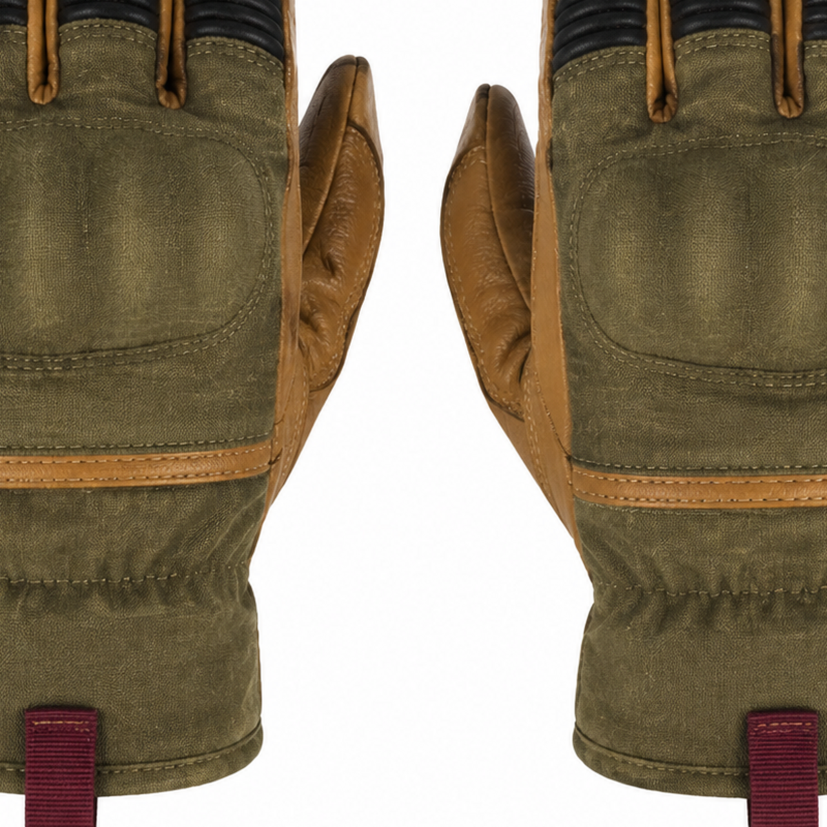 OliveMetro olive tan street motorcycle gloves — cuff and backhand construction detail