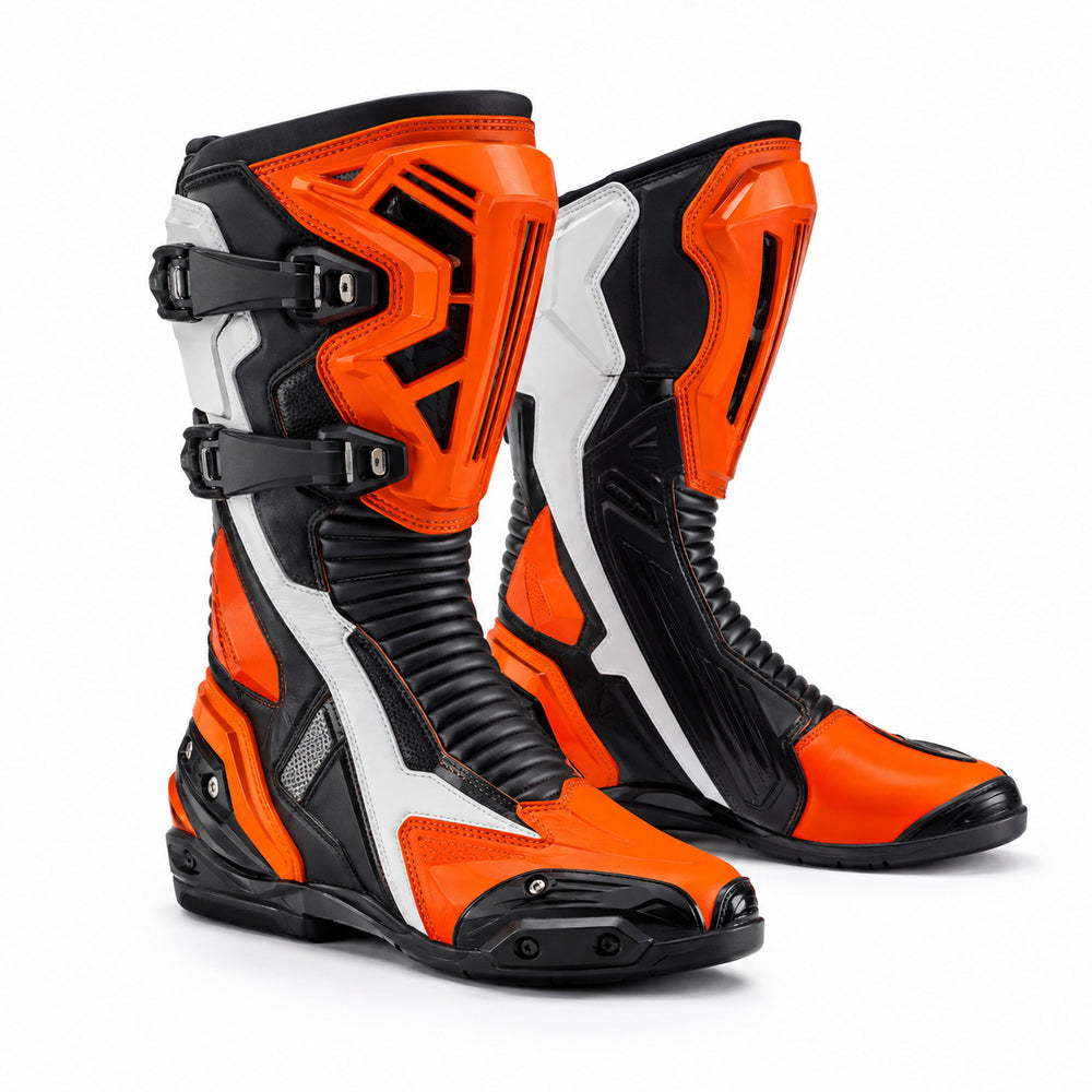 Orange Rift Racing Motorcycle Boots – hero – Safety Orange / Black / White