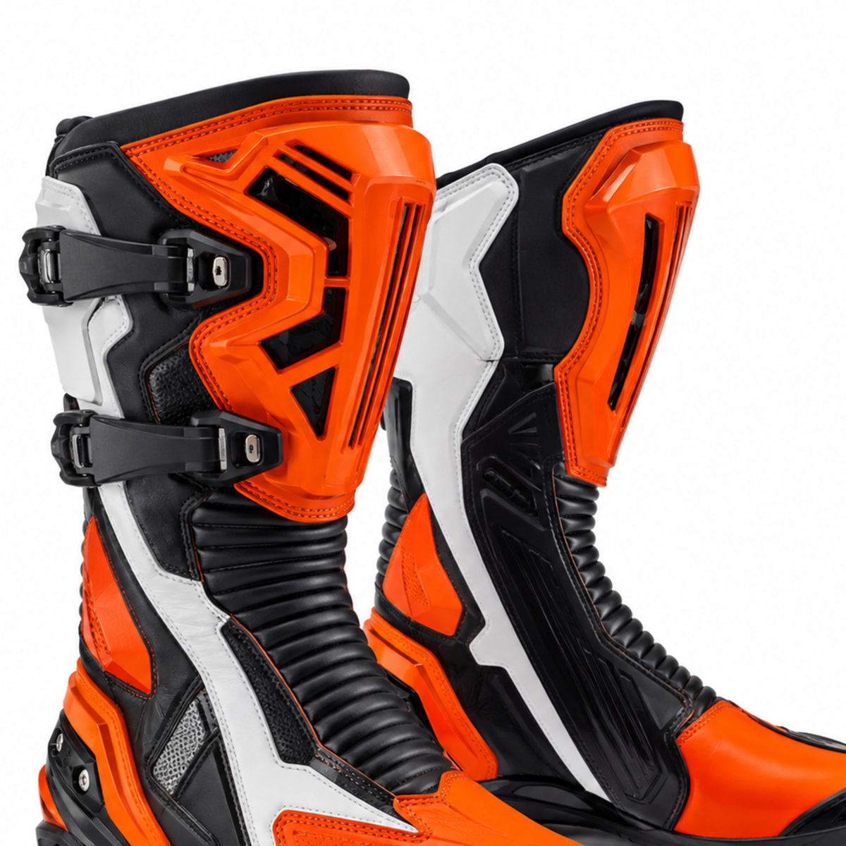 Orange Rift Racing Motorcycle Boots – shin closure detail – Safety Orange / Black / White