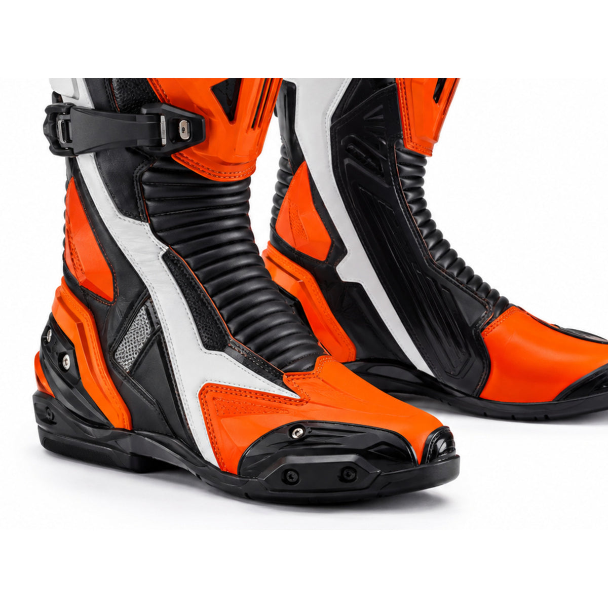 Orange Rift Racing Motorcycle Boots – toe ankle sole detail – Safety Orange / Black / White