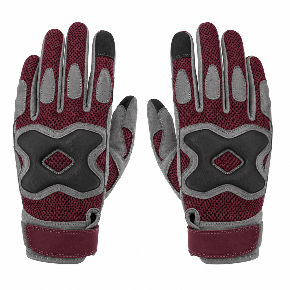 Reinforced palm motorcycle gloves in burgundy gray and black, pair on white background