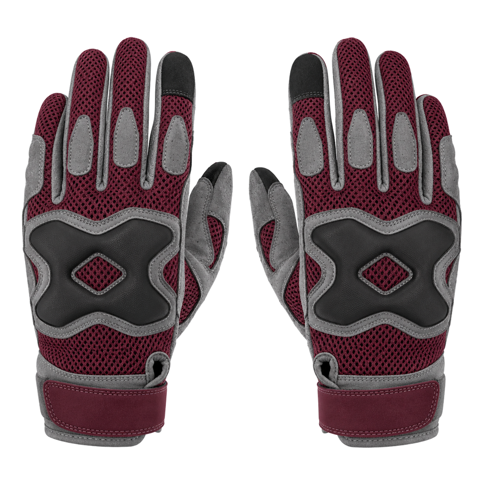 Reinforced palm motorcycle gloves in burgundy gray and black, pair on white background