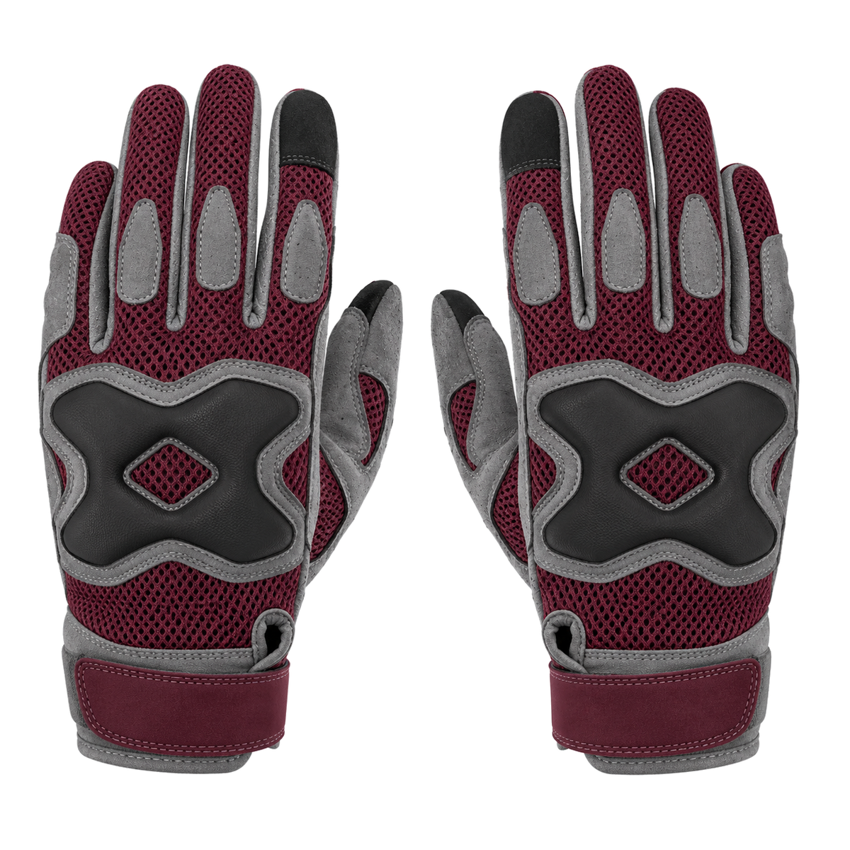 Reinforced palm motorcycle gloves in burgundy gray and black, pair on white background