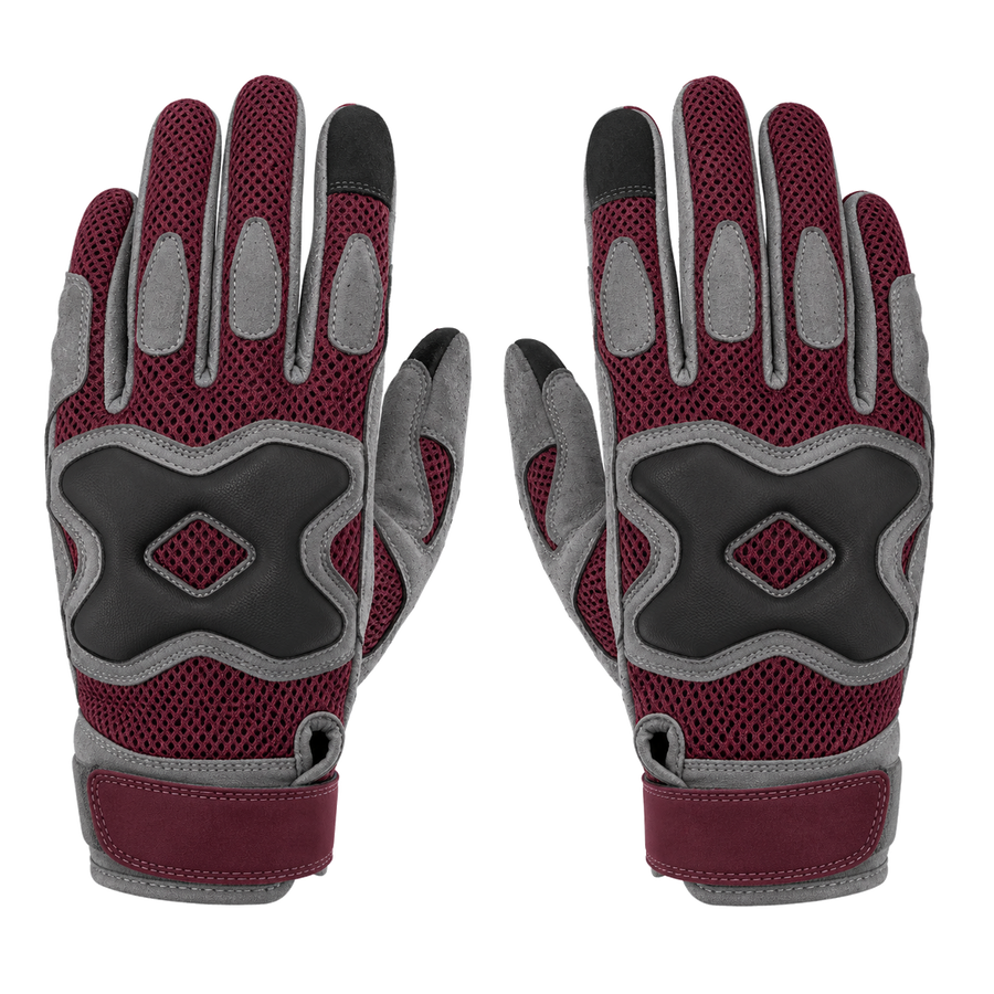 Reinforced palm motorcycle gloves in burgundy gray and black, pair on white background