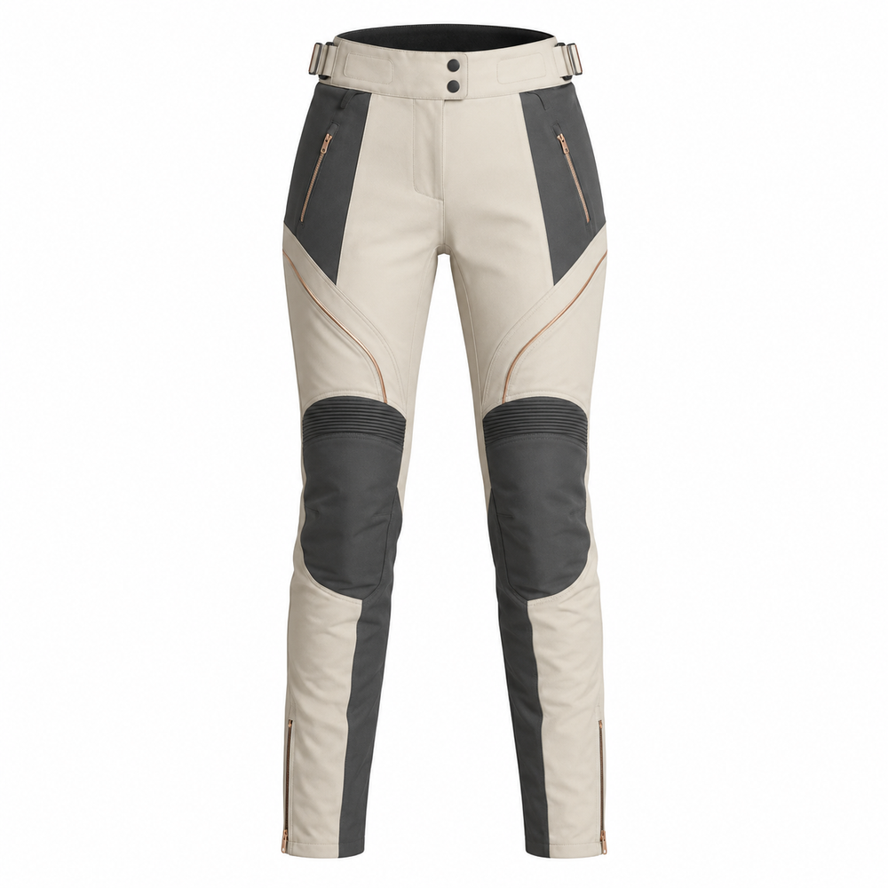 PearlArc cream charcoal waterproof textile motorcycle pants — full front catalog view