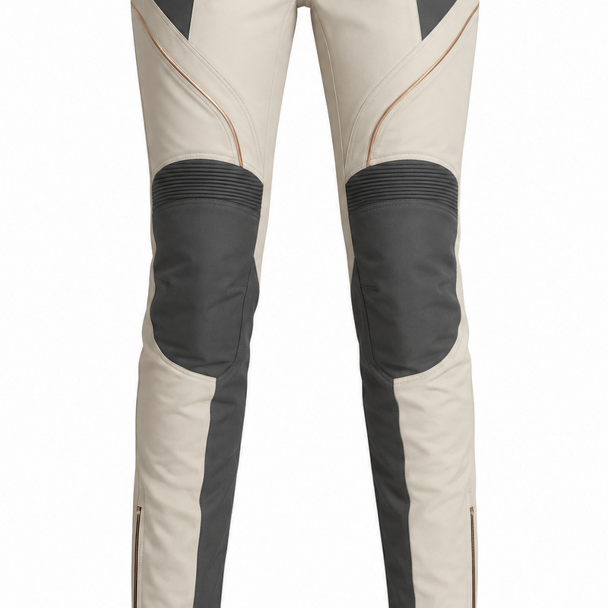 PearlArc cream charcoal waterproof textile motorcycle pants — knee, lower-leg and cuff detail