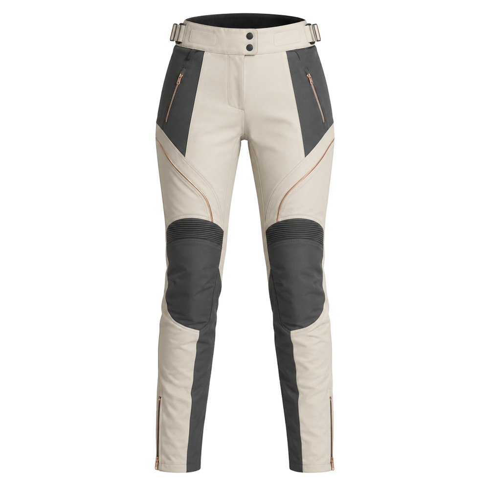 PearlArc cream charcoal waterproof textile motorcycle pants — full front catalog view