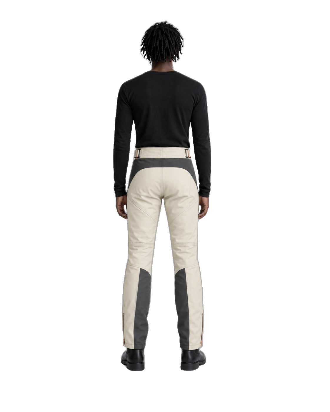 PearlArc Cream Charcoal Waterproof Textile Motorcycle Pants back view on male model on transparent background