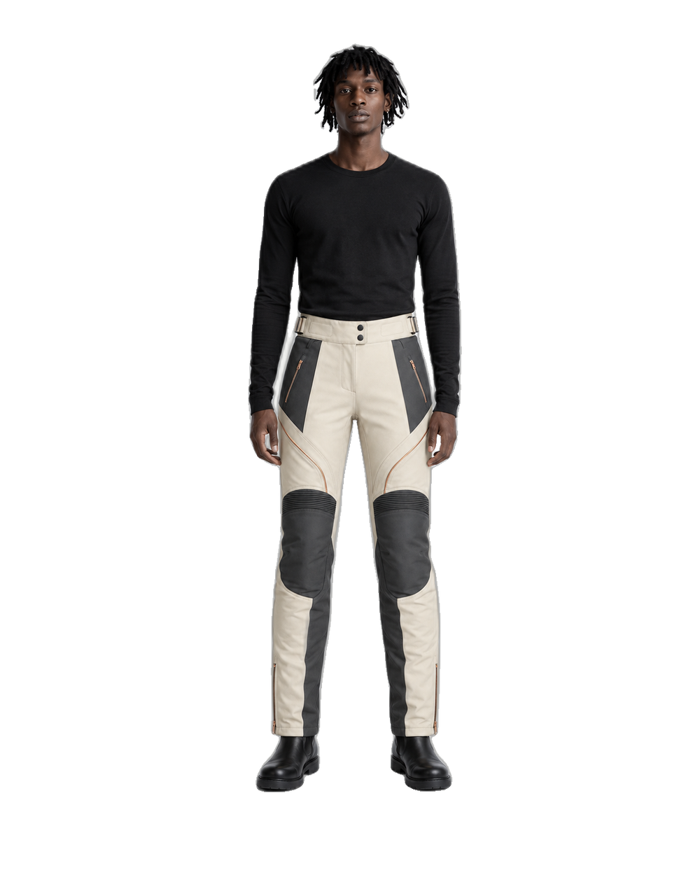 PearlArc Cream Charcoal Waterproof Textile Motorcycle Pants front view on male model on transparent background