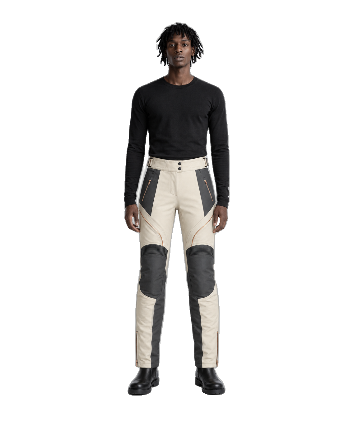 PearlArc Cream Charcoal Waterproof Textile Motorcycle Pants front view on male model on transparent background