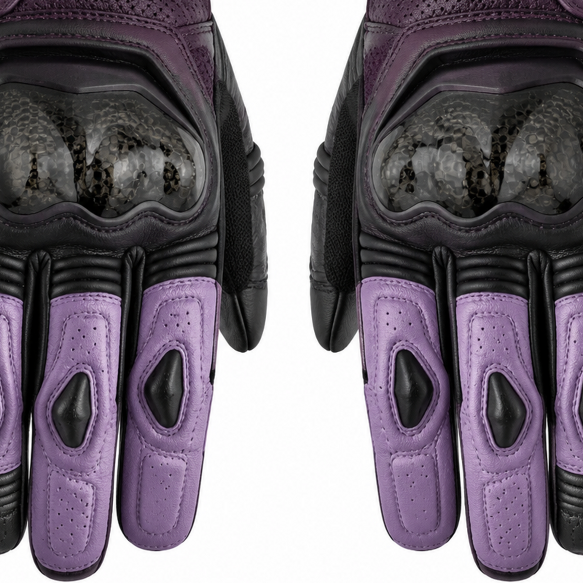PlumAero purple black street motorcycle gloves — cuff and backhand construction detail