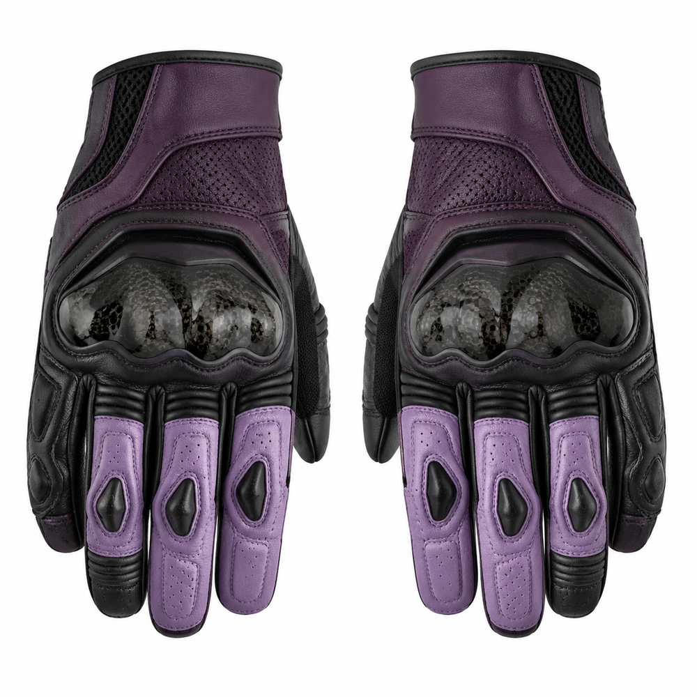 PlumAero purple black street motorcycle gloves — full pair hero view