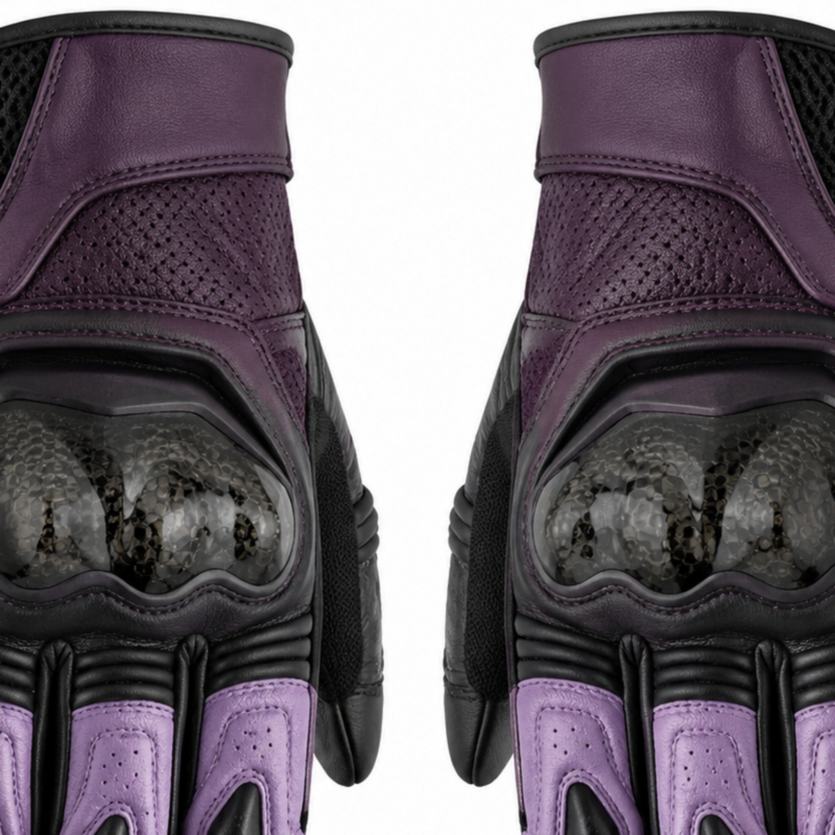 PlumAero purple black street motorcycle gloves — knuckle and finger construction detail