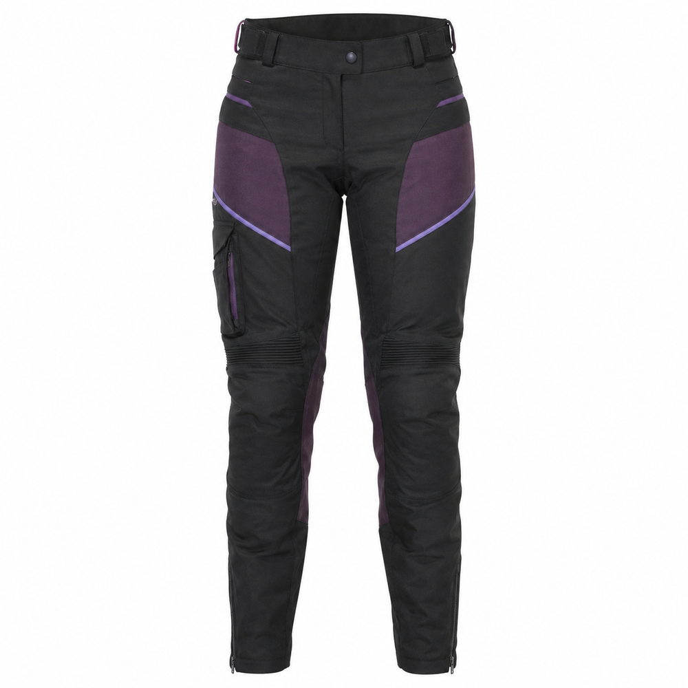 PlumStorm black purple waterproof textile motorcycle pants — full front catalog view