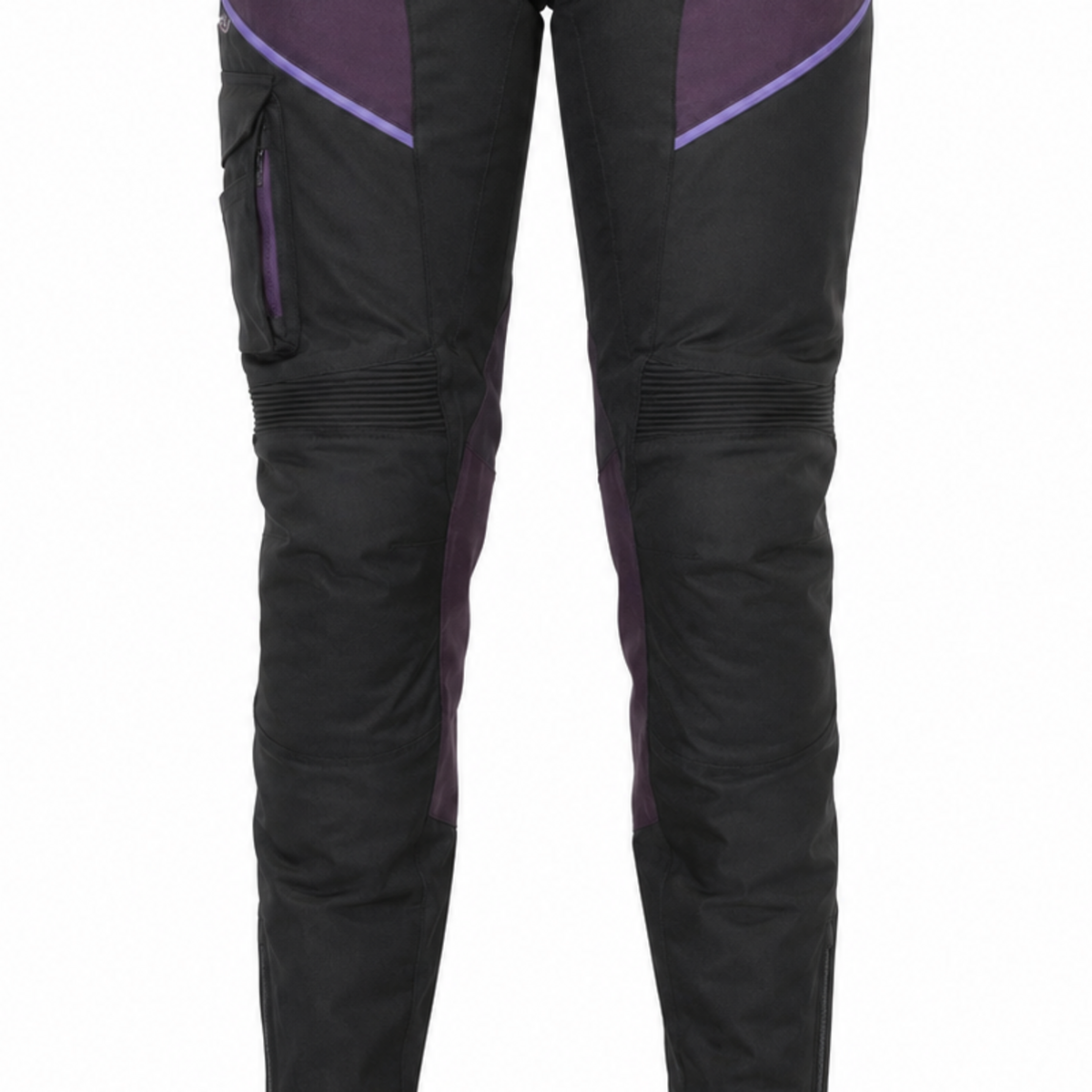 PlumStorm black purple waterproof textile motorcycle pants — knee, lower-leg and cuff detail