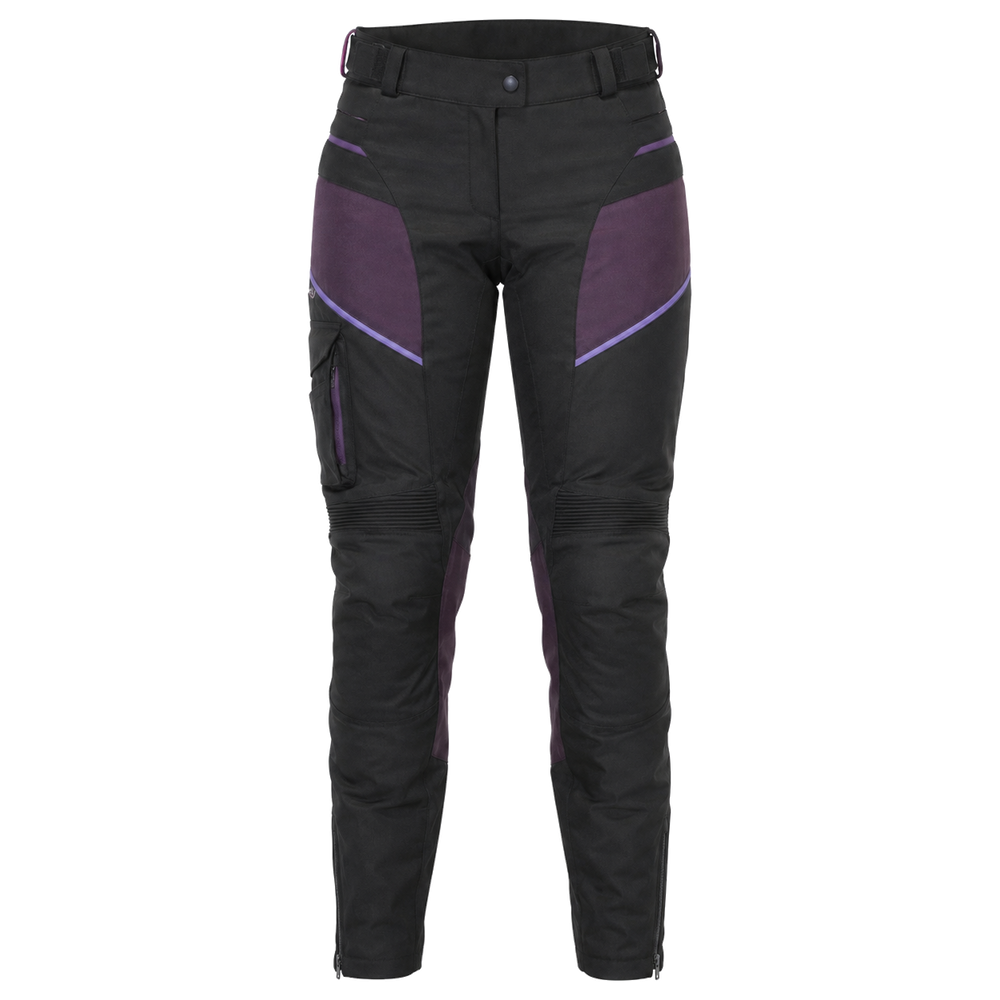 PlumStorm black purple waterproof textile motorcycle pants — full front catalog view