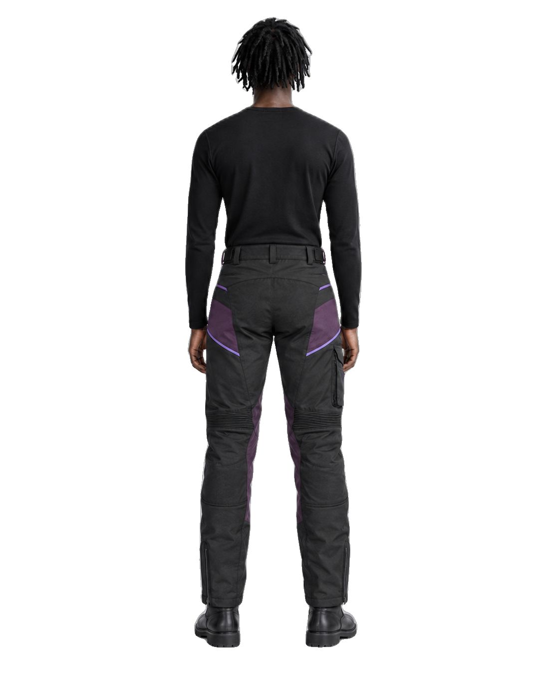 PlumStorm Black Purple Waterproof Textile Motorcycle Pants back view on male model on transparent background