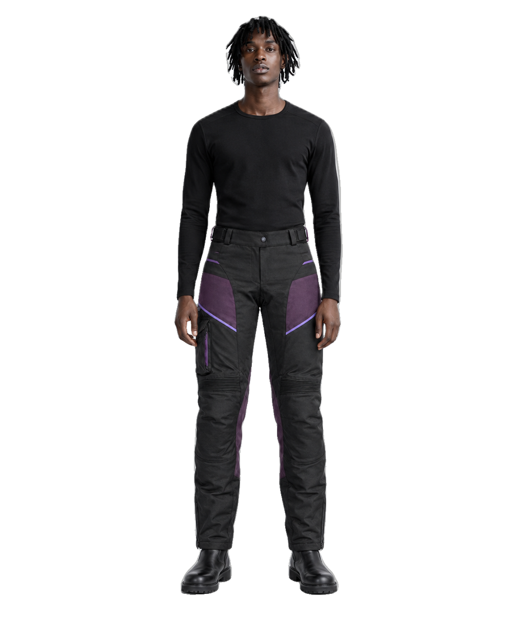PlumStorm Black Purple Waterproof Textile Motorcycle Pants front view on male model on transparent background