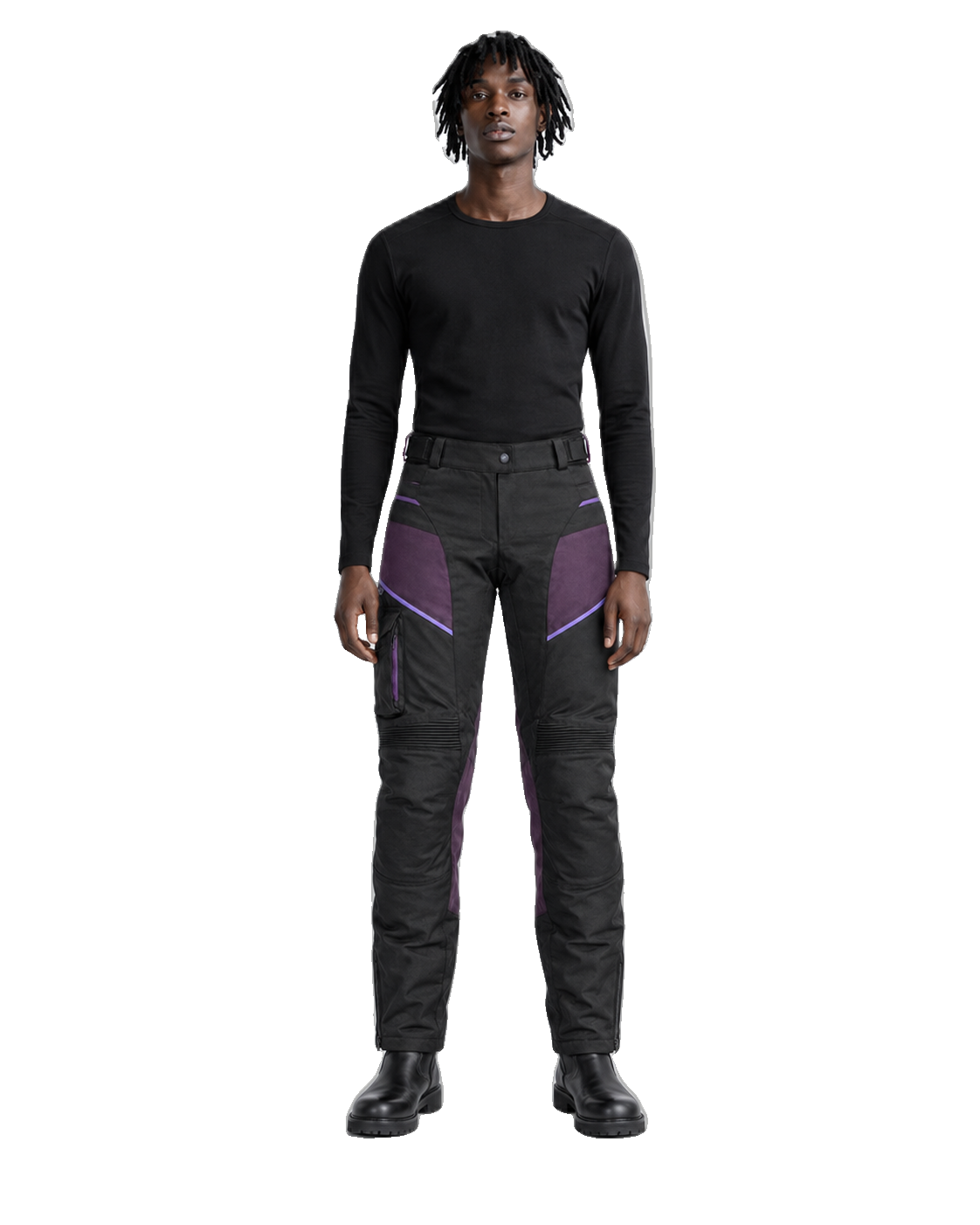 PlumStorm Black Purple Waterproof Textile Motorcycle Pants front view on male model on transparent background