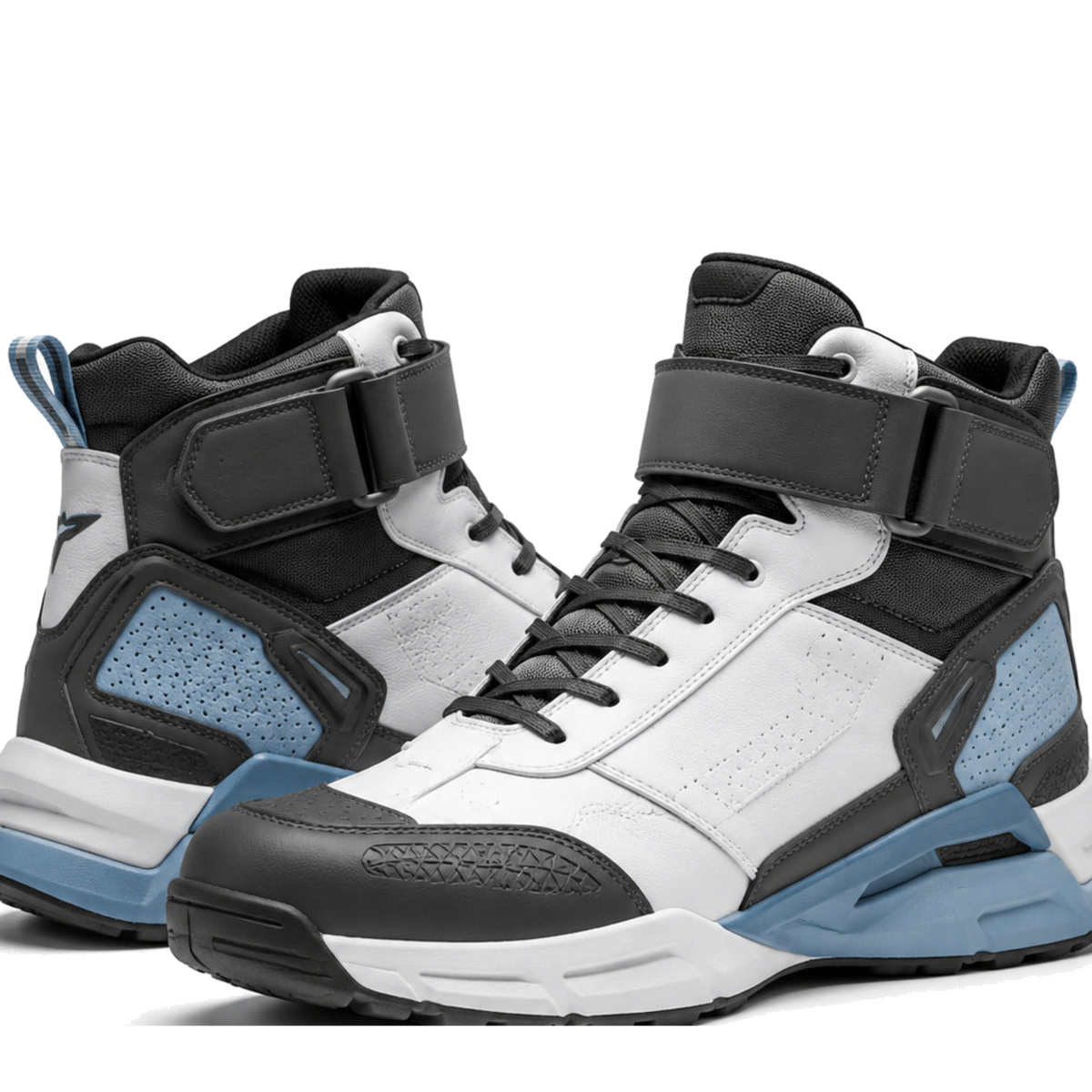 Polar Night Cross-Strap Motorcycle Riding Shoes – upper closure detail in White / Charcoal / Ice Blue