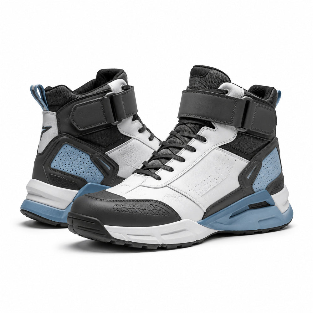 Polar Night Cross-Strap Motorcycle Riding Shoes – hero in White / Charcoal / Ice Blue