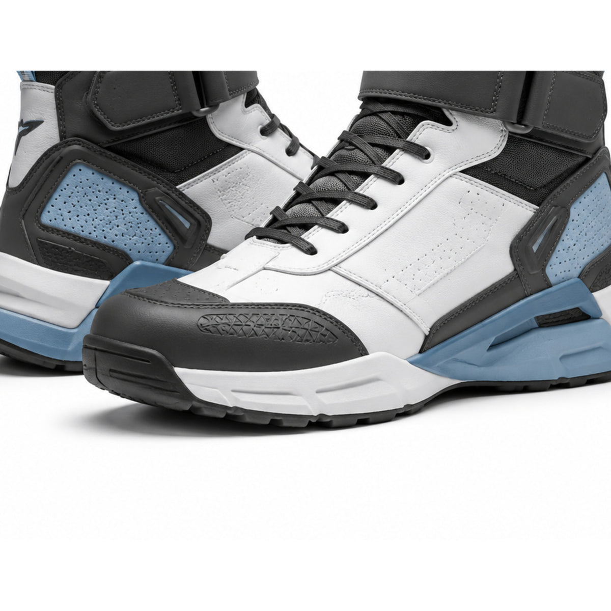 Polar Night Cross-Strap Motorcycle Riding Shoes – toe sole detail in White / Charcoal / Ice Blue