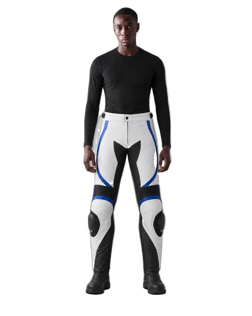 PolarCircuit Leather Motorcycle Racing Pants front view on male model transparent background