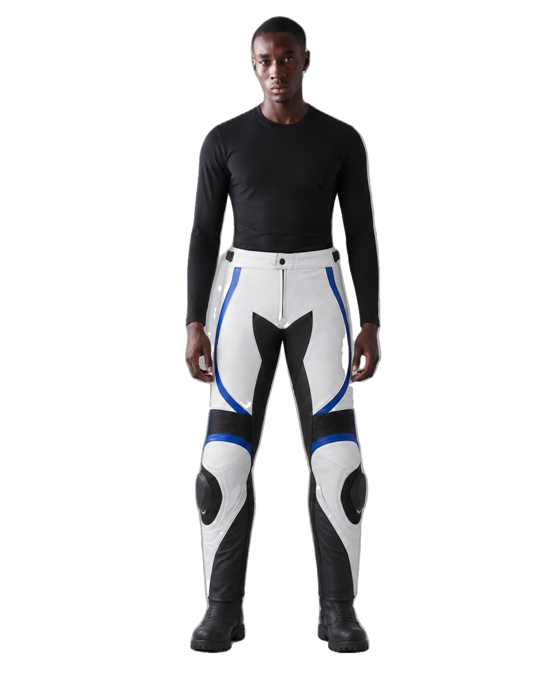 PolarCircuit Leather Motorcycle Racing Pants front view on male model transparent background
