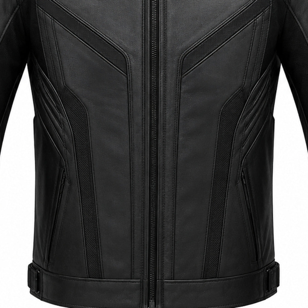 PolarCircuit R Leather Motorcycle Racing Jacket leather panels stitching and hardware detail