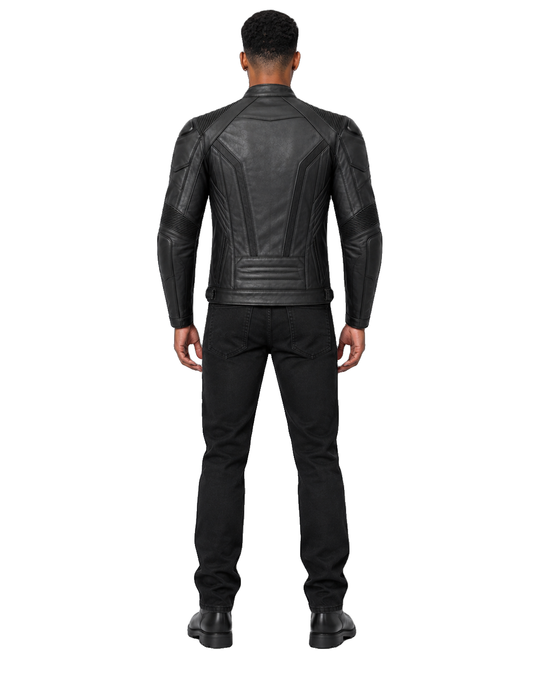PolarCircuit R Leather Motorcycle Racing Jacket back view on male model with transparent background