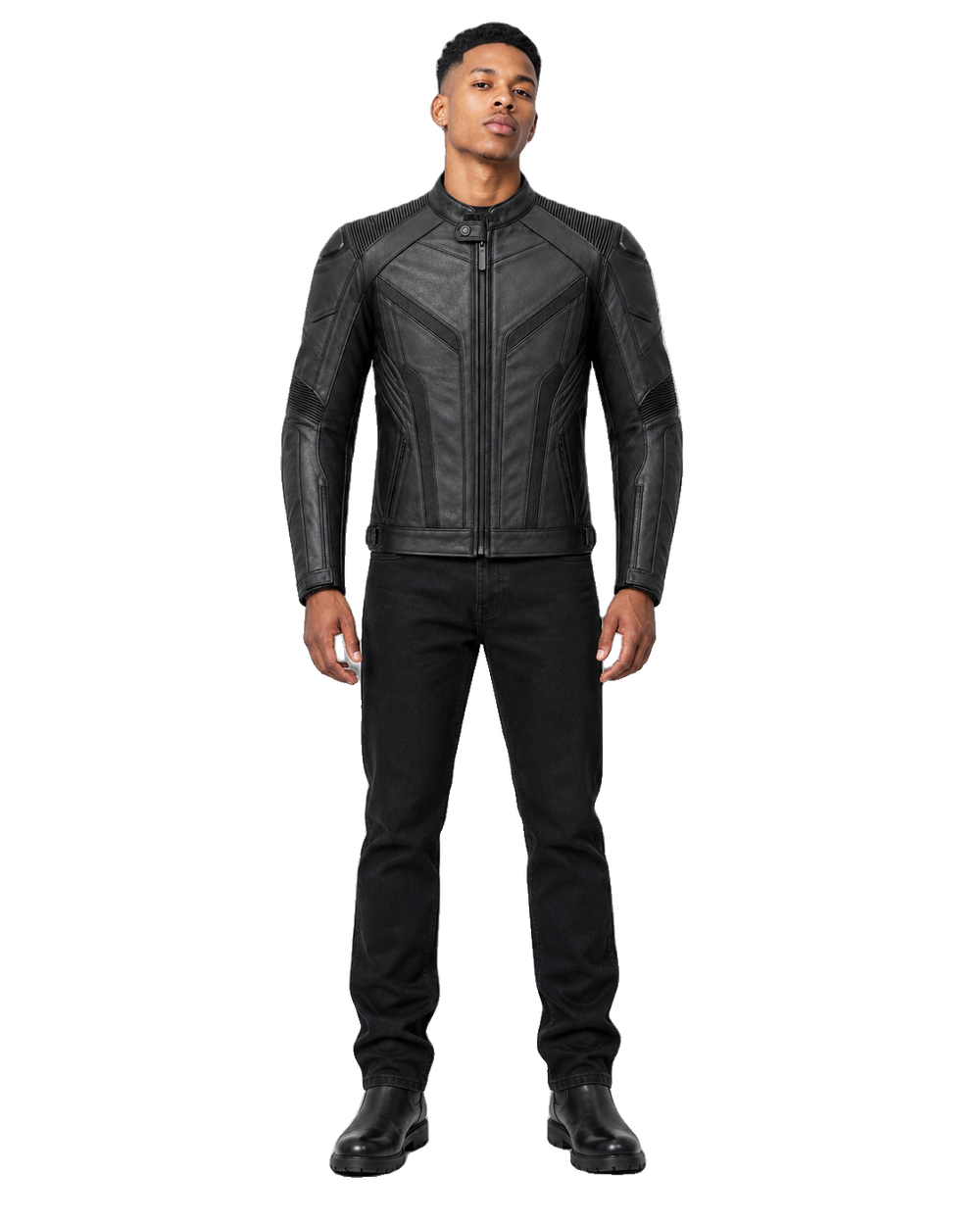 PolarCircuit R Leather Motorcycle Racing Jacket front view on male model with transparent background