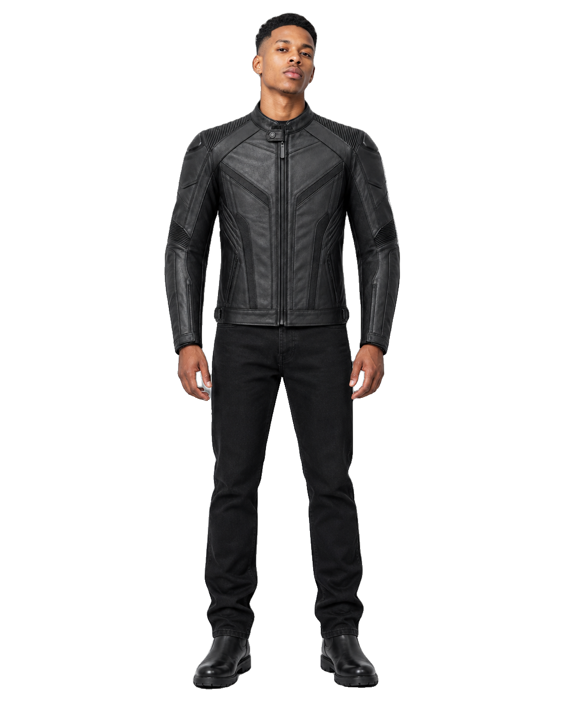 PolarCircuit R Leather Motorcycle Racing Jacket front view on male model with transparent background