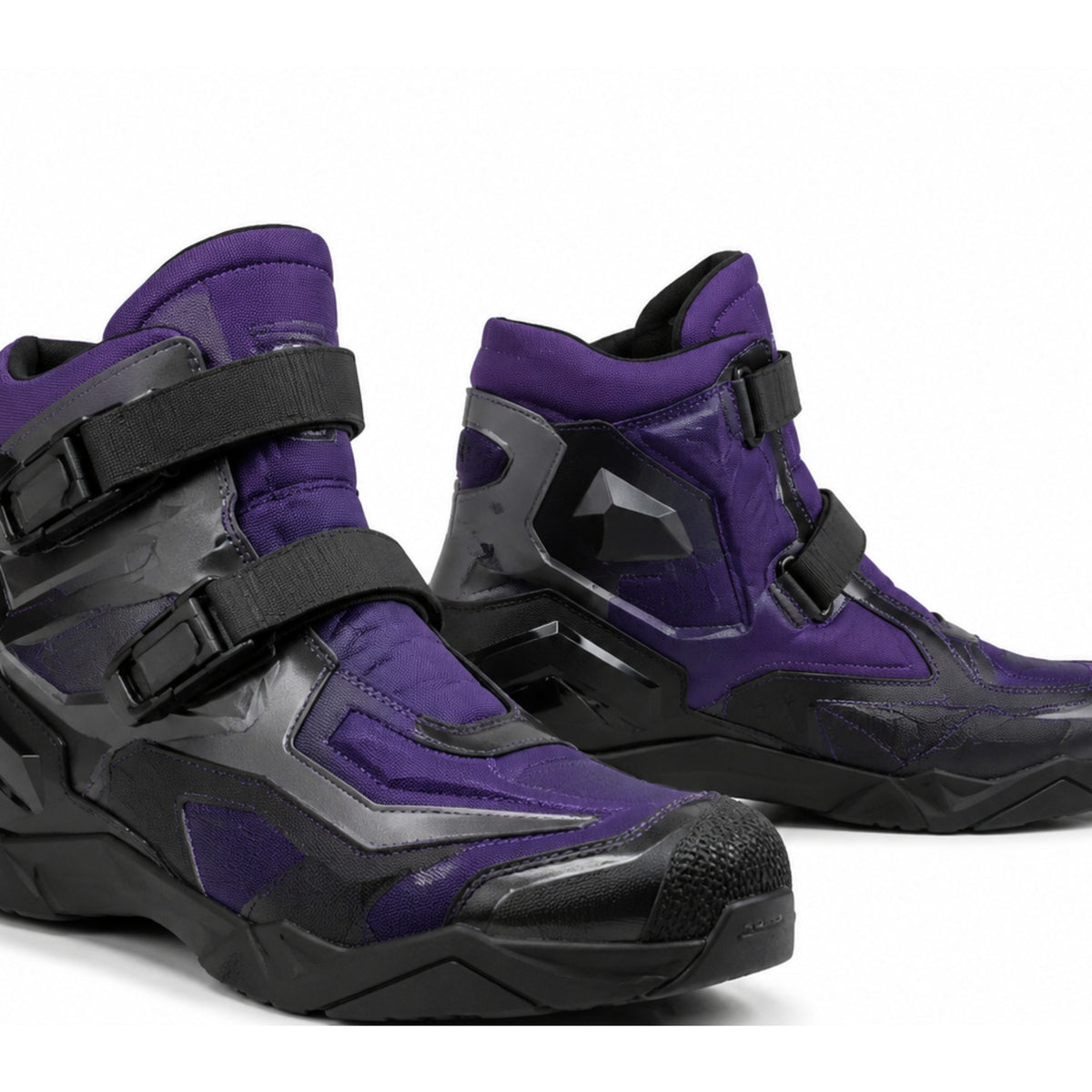 Purple Flux Twin-Strap Motorcycle Riding Shoes – upper closure detail in Deep Violet / Black