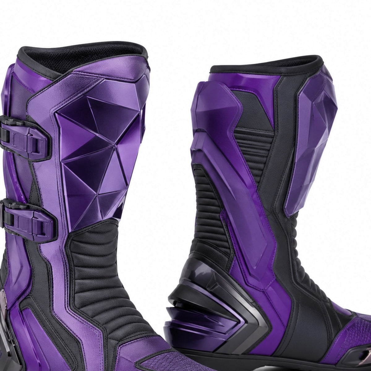 Purple Ion Futuristic Racing Motorcycle Boots – shin closure detail – Deep Violet / Black / Gunmetal