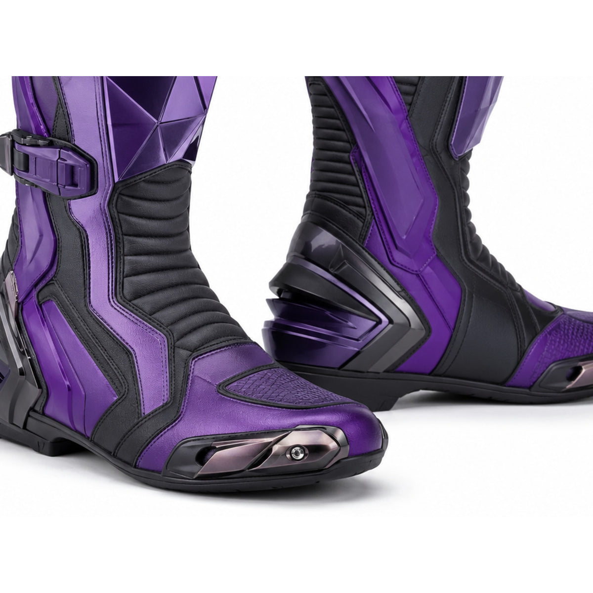 Purple Ion Futuristic Racing Motorcycle Boots – toe ankle sole detail – Deep Violet / Black / Gunmetal