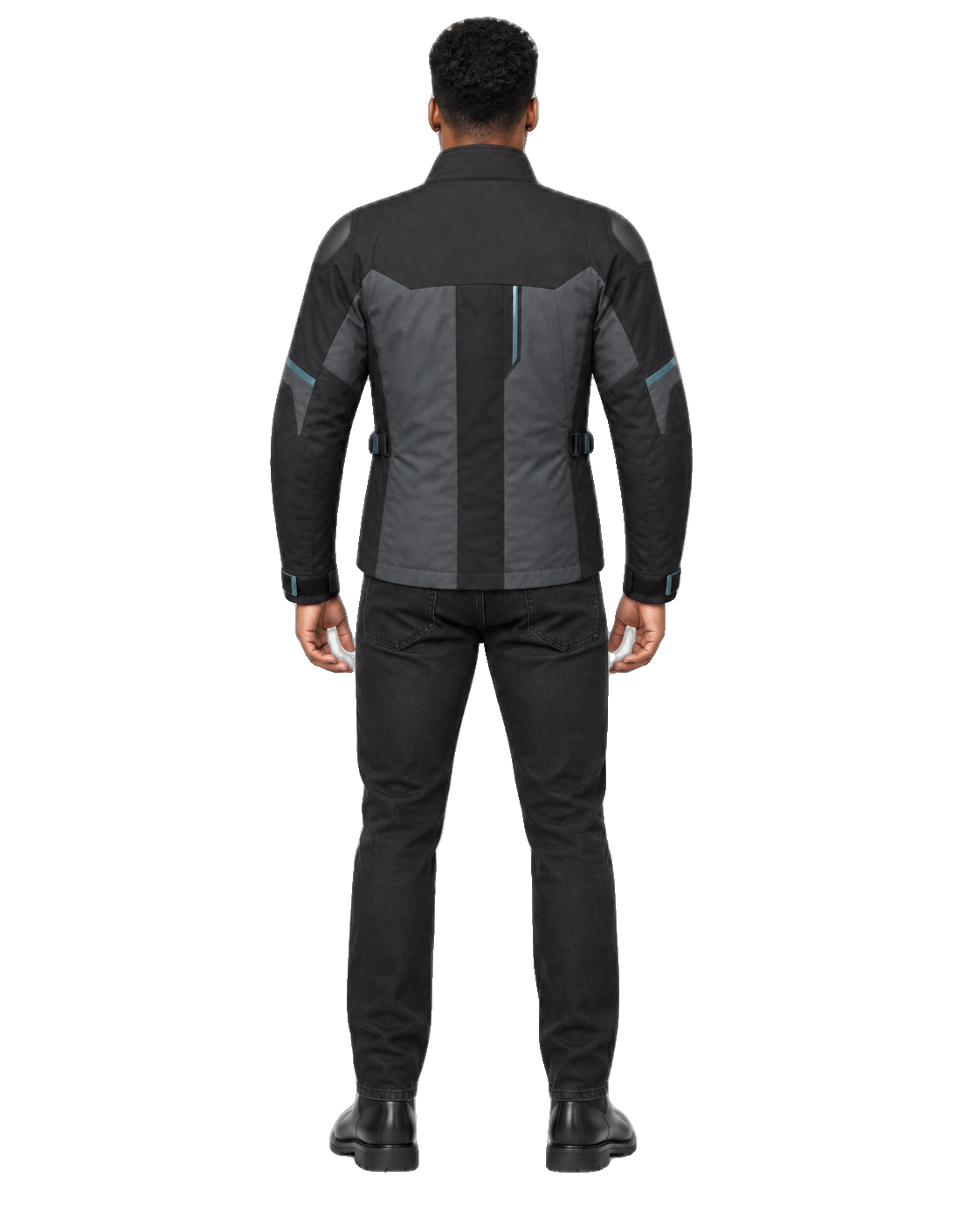 Rainforge Commuter All-Season Motorcycle Jacket back view on male model with transparent background
