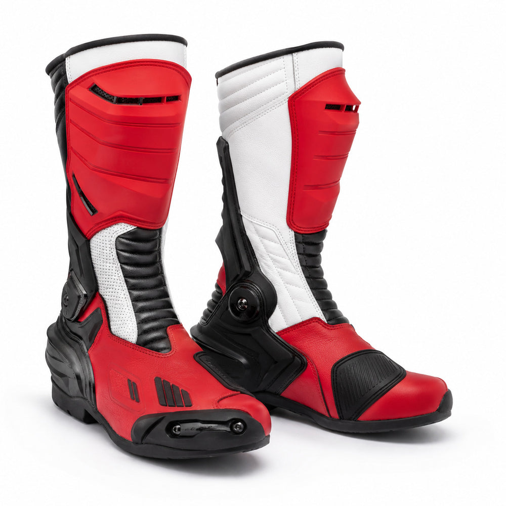 Redline Crest Red White Racing Motorcycle Boots – hero – Red / White / Black
