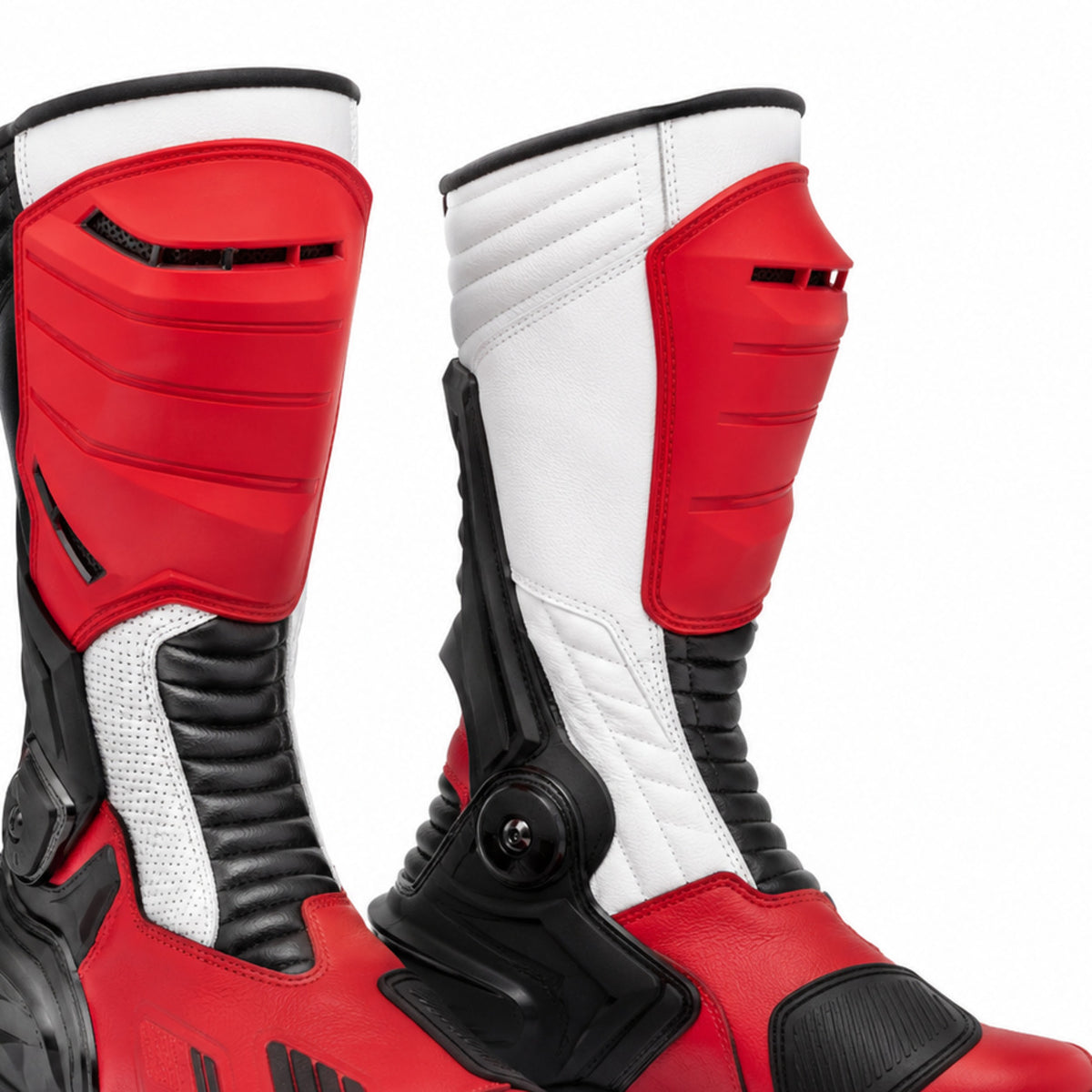 Redline Crest Red White Racing Motorcycle Boots – shin closure detail – Red / White / Black